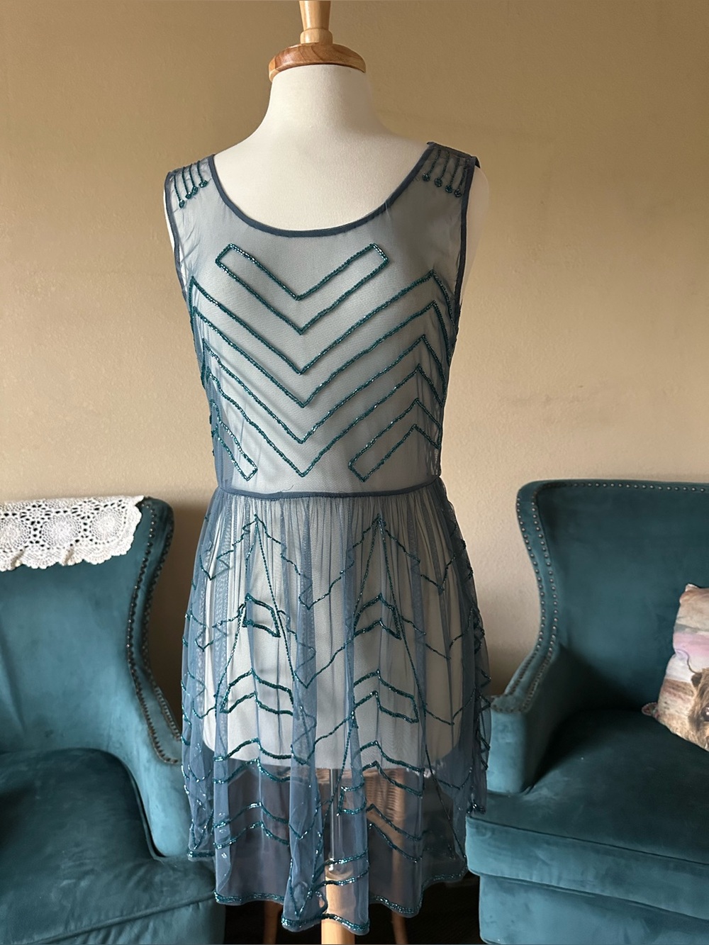 Free People Whimsigoth Fairy Beaded Mesh Overlay Dress Sheer Teal Gray Est Med